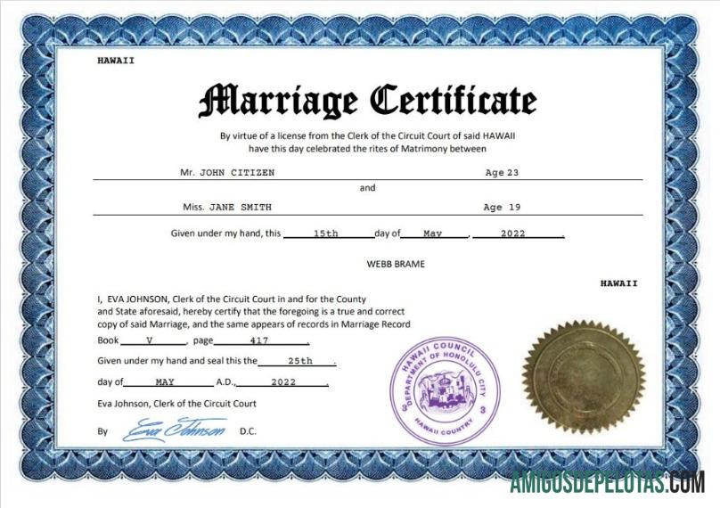 Realista modelo Word e PDF de certidão de casamento no Havaí